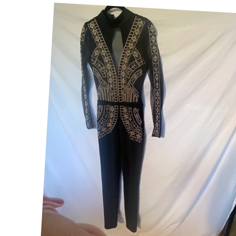 Banjul Black Gold Studded Mesh Long Sleeve Plunge Mock Neck Jumpsuit
